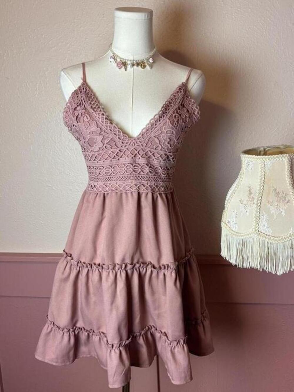 babydoll coquette tie back lace ruffle dress dusty pink summer